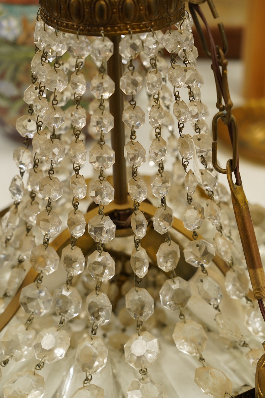 A gilt metal and lustre glass bag chandelier. Condition - fair